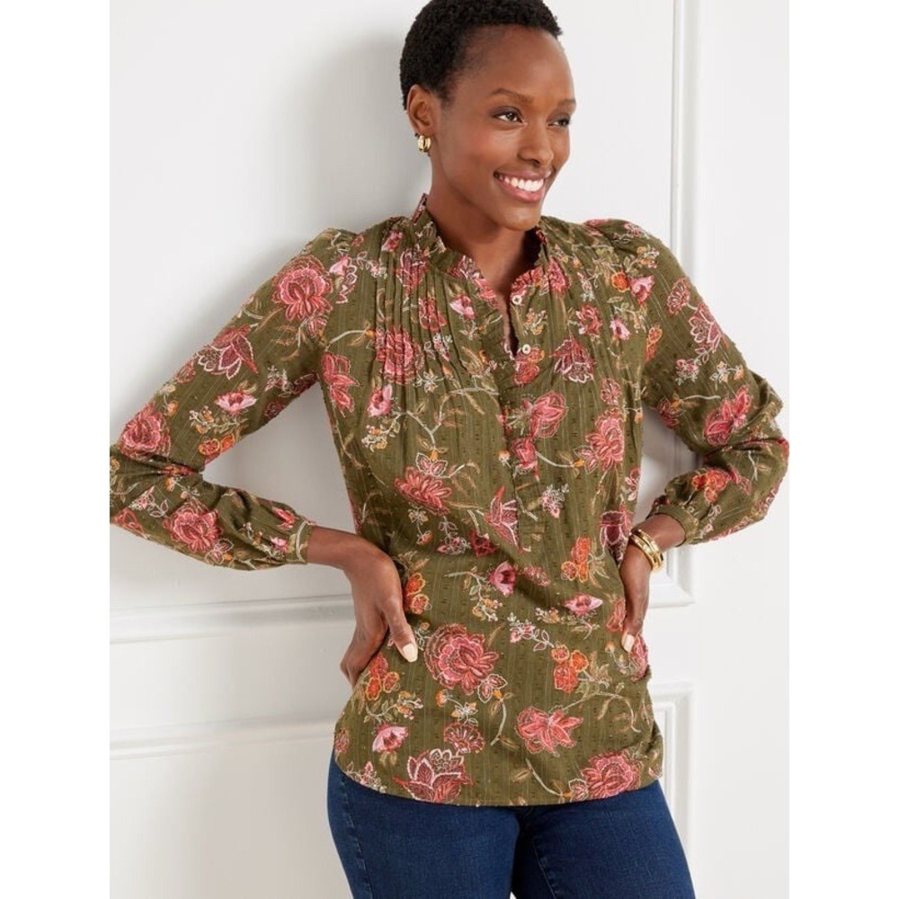 Talbots Womens Floral‎ Pintuck Top Size Petite Large Green Pink Bloomcore Career